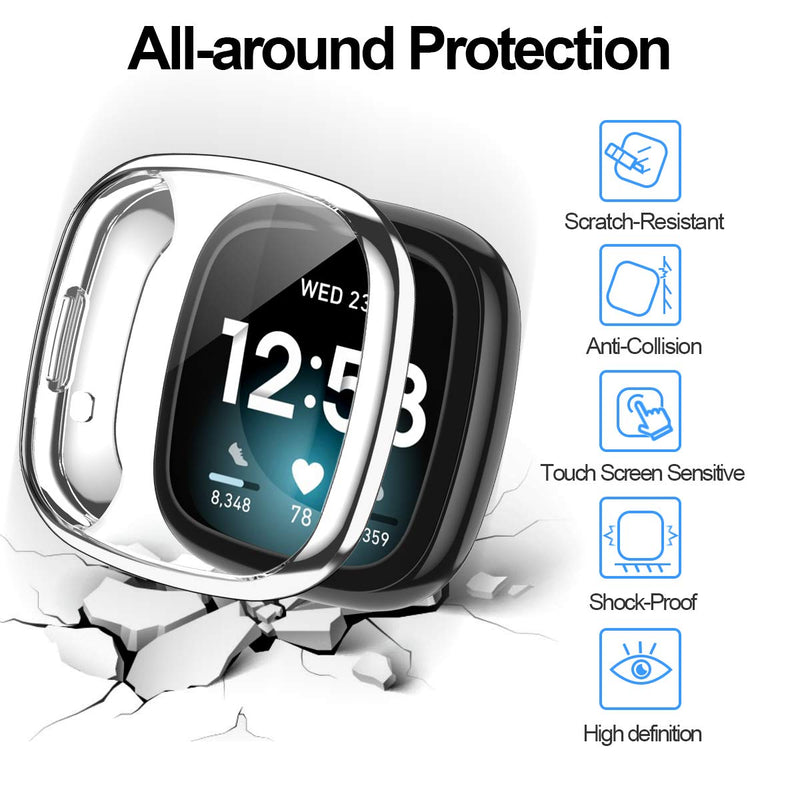 [Australia - AusPower] - 2 Pack Case Compatible with Fitbit Sense/Versa 3 Screen Protector, Haojavo Soft TPU All Around Protective Case Shock-Proof Cover for Fitbit Sense/Versa 3 Smartwatch Bands Accessories silver+clear 
