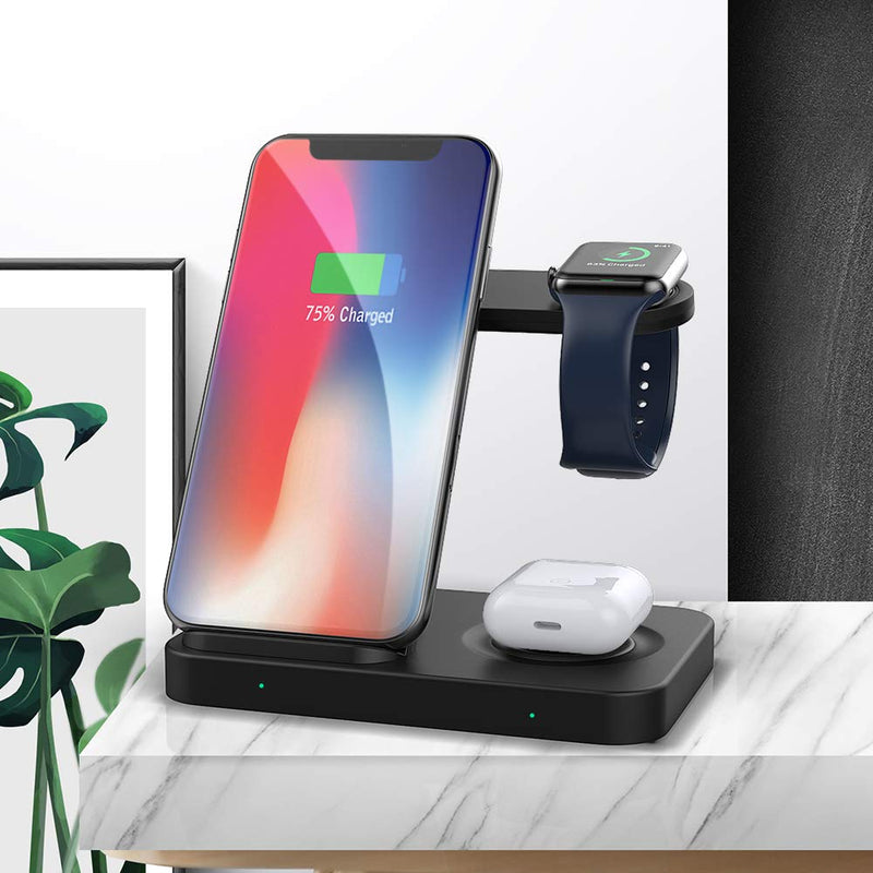 [Australia - AusPower] - MoKo 3 in 1 Wireless Charger Stand, 10W Fast Charging Dock Station Compatible Galaxy Watch 3/Active 2/1/Buds, iPhone 13/12 Pro Max 11 Pro/SE Apple Watch SE/6/5/4/3/Airpods 2/Pro(QC3.0 Adapter) 