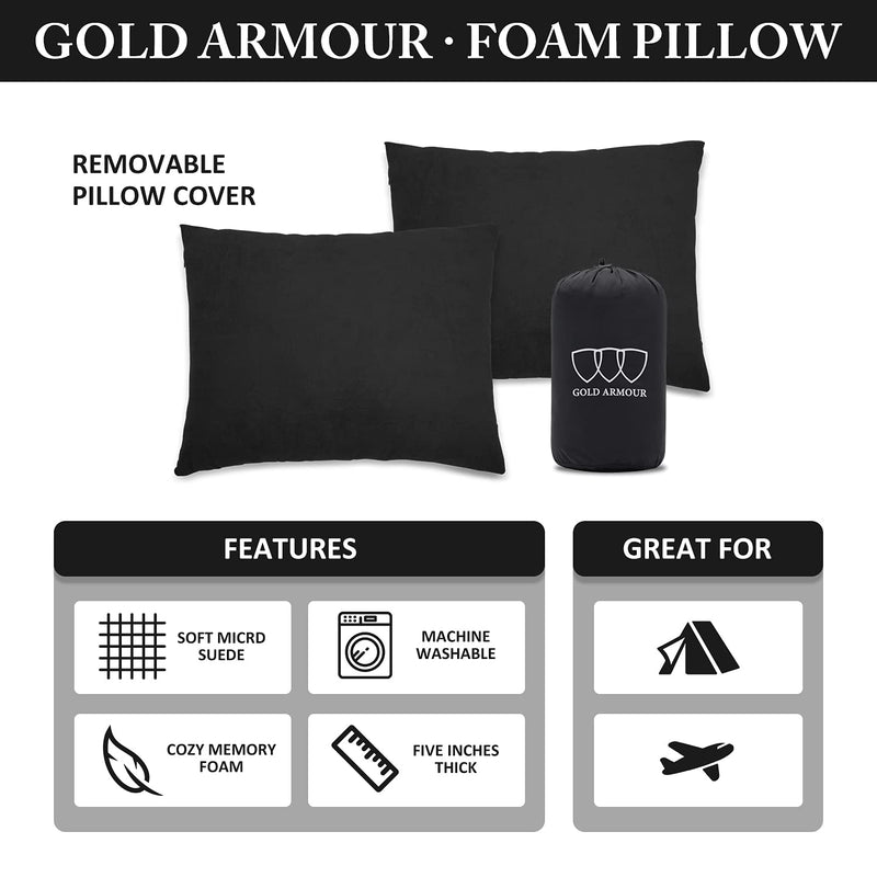 [Australia - AusPower] - Gold Armour Camping Pillow Memory Foam - Compact Compressible Backpacking, Hammock, and Travel Pillows for Kids and Adults - Essential Outdoor & Camping Gear (Medium 14x18in, Black) Medium (Pack of 1) 