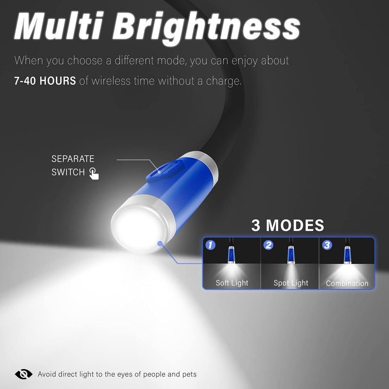[Australia - AusPower] - Vekkia Rechargeable LED Neck Reading Light, Book Lights for Reading in Bed, 3 Brightness Levels, Flexible Soft Silicone Arms Comfortable Wear, Long Lasting. Perfect for Readers, Craft & Knitting Blue 