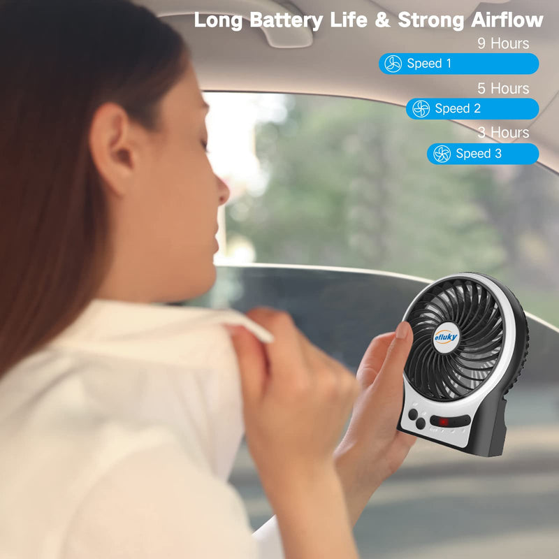 [Australia - AusPower] - efluky 3 Speeds Mini Desk Fan, Rechargeable Battery Operated Fan with LED Light and 2200mAh Battery, Portable USB Fan Quiet for Home, Office, Travel, Camping, Outdoor, Indoor Fan, 4.9-Inch, Black 