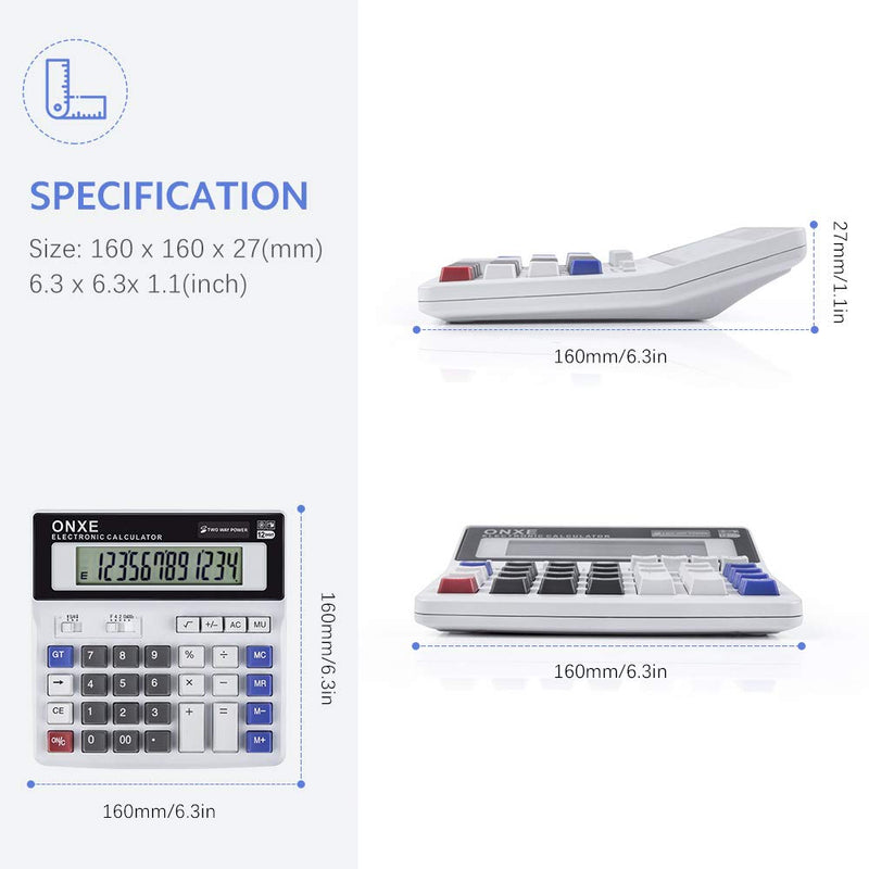 [Australia - AusPower] - Calculator, ONXE Standard Function Scientific Electronics Desktop Calculators, Dual Power, Big Button 12 Digit Large LCD Display, Handheld for Daily and Basic Office (White) 