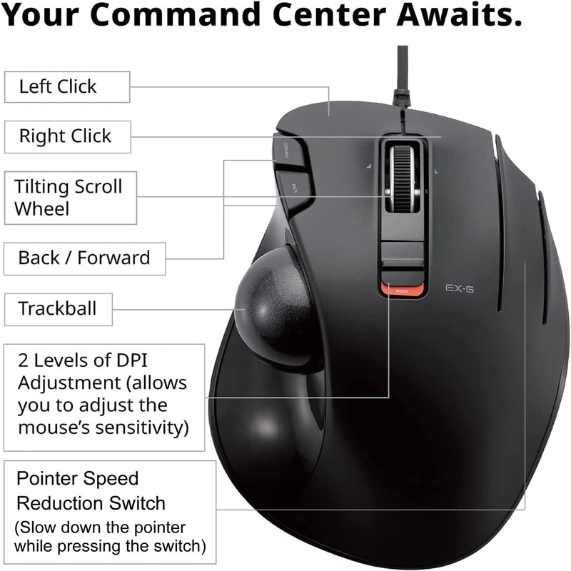 [Australia - AusPower] - ELECOM EX-G Trackball Mouse, 2.4GHz Wired, Thumb Control, Ergonomic Design, 5-Button Function with Smooth Tracking, Ergonomic Design, Optical Gaming Sensor, Windows11, macOS (M-XT2URBK-G) Black / Black ball 