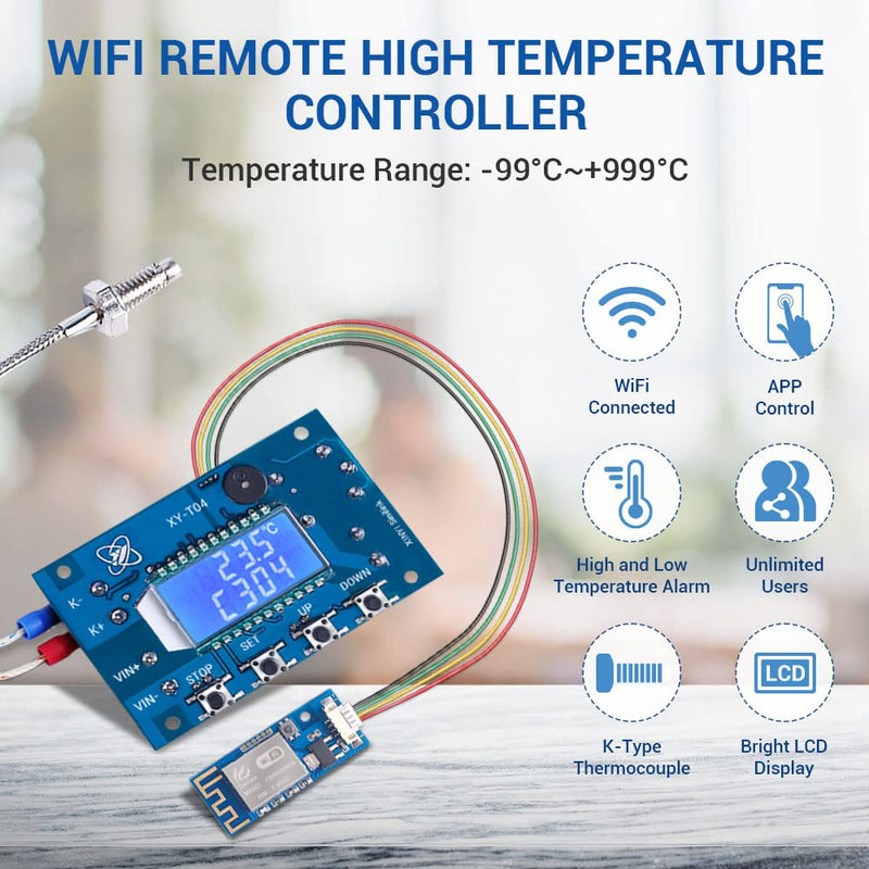 [Australia - AusPower] - 12V DC Digital Temperature Controller, WiFi APP Control High Temperature Control Module -99°C~999°C 24V Thermostat Control Switch Board with 10A One-Channel Relay Waterproof K-Type Thermocouple Probe 