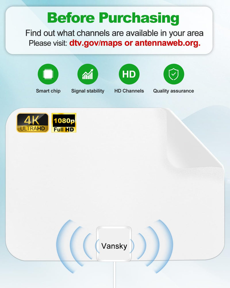 [Australia - AusPower] - Vansky TV Antenna Indoor, Digital Amplified Indoor HDTV Antenna, 1080p VHF UHF Television Local Channels Detachable Signal Amplifier and 16.5ft Long Coax Cable(White) White 