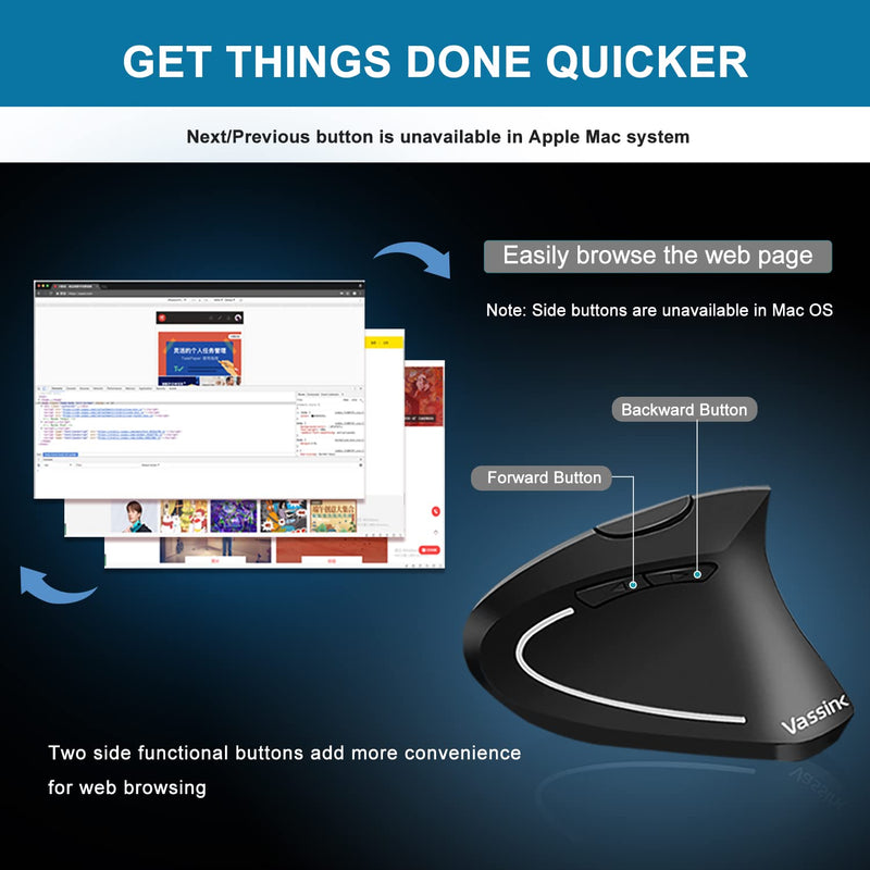 [Australia - AusPower] - Vassink Wireless Mouse Ergonomic Mouse Rechargeable Vertical Optical Mice with USB Receiver, 6 Buttons 2.4GHz Adjustable DPI 800/1200/1600 for PC Computer,Laptop,etc（Black） Black2 