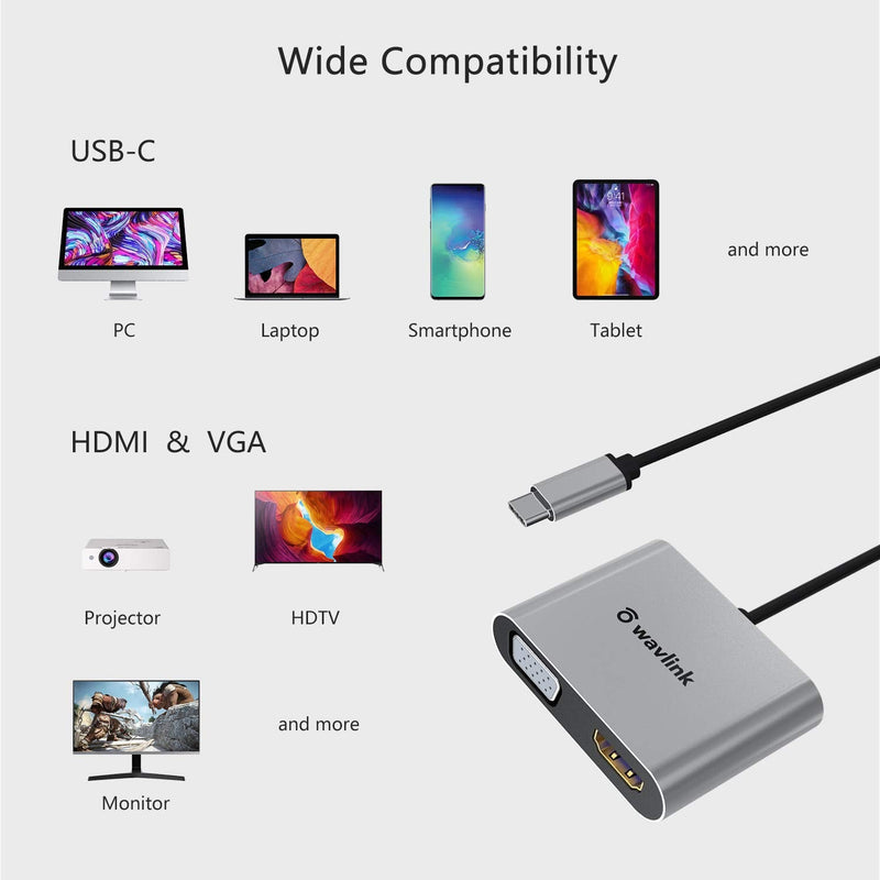 [Australia - AusPower] - USB C to HDMI VGA Adapter, Wavlink USB C HUB with 4K HDMI, 1080P VGA, Type C to HDMI & VGA Converter Compact & Portable,for Macbook/Macbook Pro 2018+, Macbook Air, Chromebook Pixel, Surface Book 2 etc 