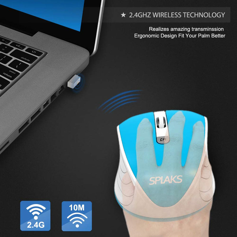 [Australia - AusPower] - Wireless Optical Computer Mouse, Splaks 2.4Ghz Wireless Mice Portable Office Mouse, Left or Right Hand Mouse 3 Adjustable DPI, 4 Buttons with Nano USB Receiver for Computer, Laptop, MacBook Blue--White 