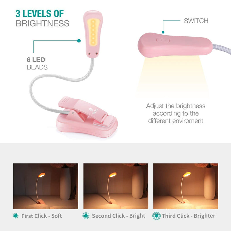 [Australia - AusPower] - Vekkia Rechargeable-Book-Light-for-Reading-in-Bed, 3000K Warm 6 LED 3 Brightness Lamp (Pink) Pink 