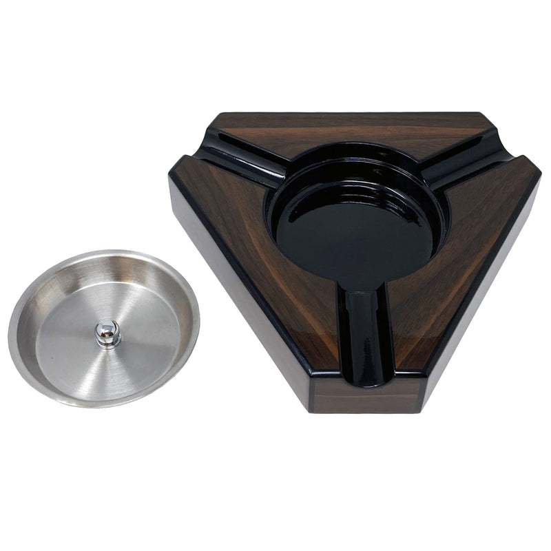 [Australia - AusPower] - Prestige Import Group - Triangular Maple Lacquer 3 Cigar Ashtray - Dark Maple Wood and Black Accents 