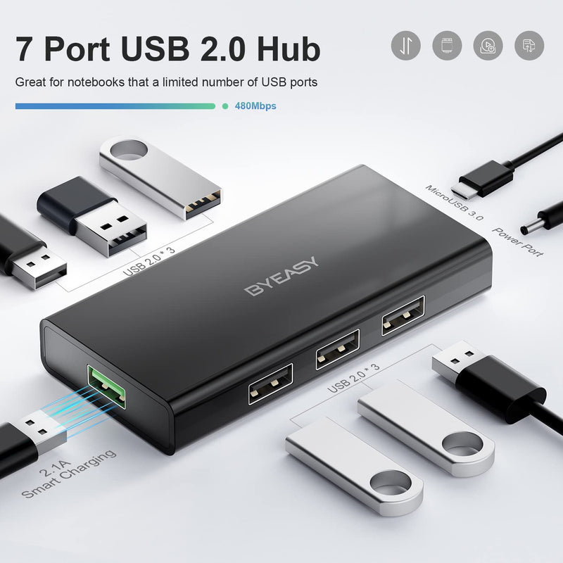 [Australia - AusPower] - Powered Multi USB Hub Splitter, BYEASY 7 Port USB 2.0 Data Hub BC 1.2 Charging Port with 3.3 ft Long Cable, USB Hub for Laptop, PC, Computer, Mobile HDD, Flash Drive and More 