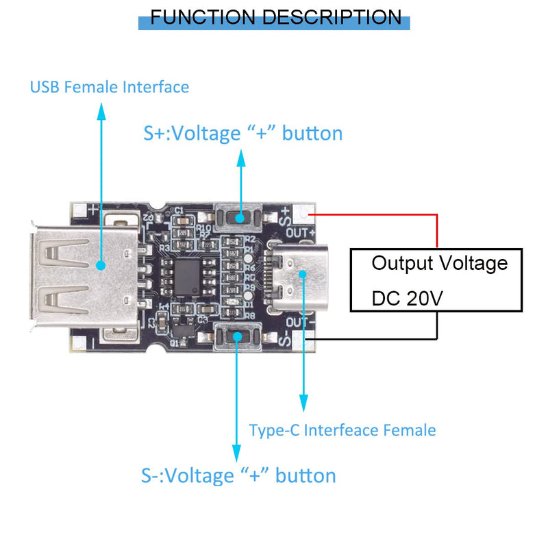 [Australia - AusPower] - DKARDU 2 pcs USB C QC 2.0 3.0 DC Voltage Trigger Test Module 9V 12V 20V 5A 100W E-Mark Type-C Adjustable Power with 26awg red and Black Cable(USB Input) MINI USB input 
