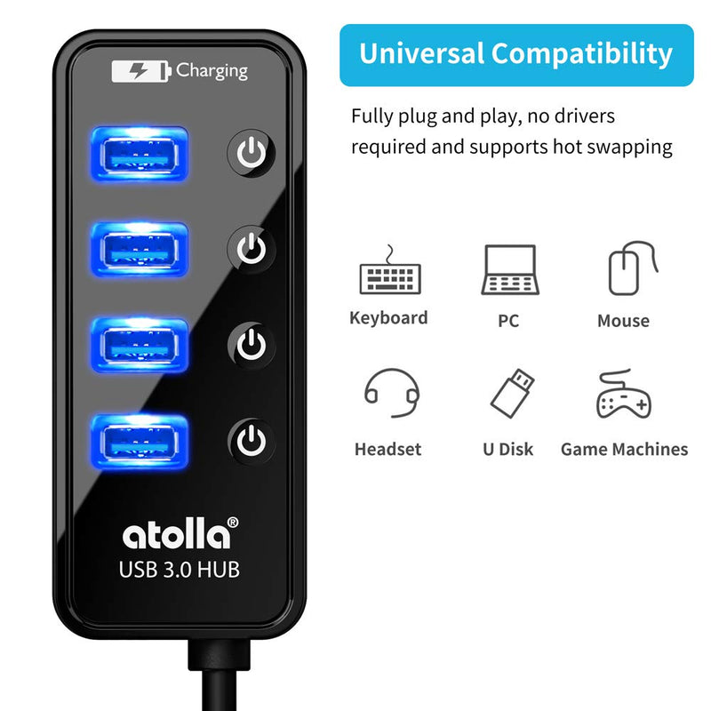 [Australia - AusPower] - Powered USB Hub, atolla 4-Port USB 3.0 Hub with 4 USB 3.0 Data Ports and 1 USB Smart Charging Port, USB Splitter with Individual On/Off Switches and 5V/3A Power Adapter 