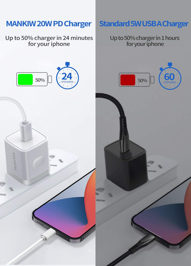 [Australia - AusPower] - MANKIW iPhone Fast Charger 20W - MFi Certified - Type C Power Adapter Wall Plug with 4.0ft C to Lightning Cable Compatible with iPhone 12 SE 11 Pro MAX X XS XR 8 AirPods Pro iPad (White) 