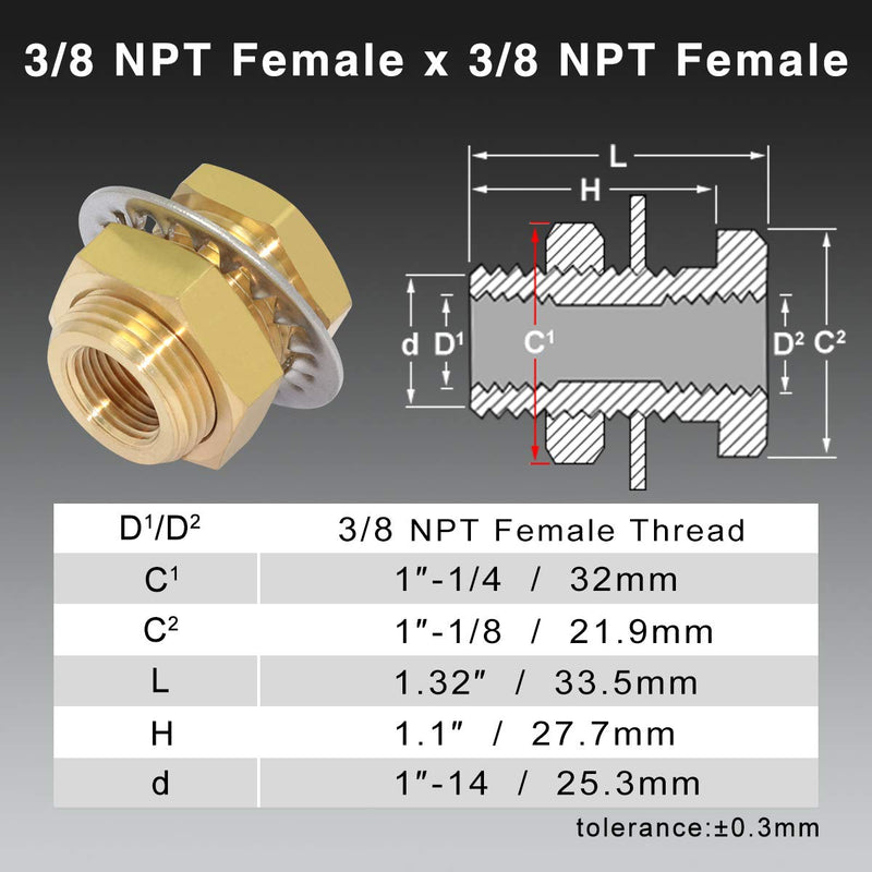 [Australia - AusPower] - KOOTNAS 2-Pack Solid Brass Bulkhead Fittings, 3/8 NPT Taper Female 1" Straight Male Thread Brass Connector with Metal Wave Ring, 1.32" Length Brass Coupling Fitting 3/8 NPT Taper Female, with Metal Ring 