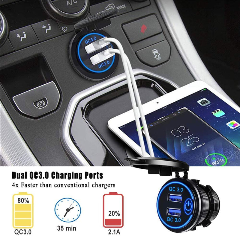 [Australia - AusPower] - Quick Charge 3.0 Dual USB Car Charger Socket with Touch Switch 12V/24V 36W QC3.0 Dual USB Fast Charger Socket Power Outlet for Marine, Boat, Motorcycle, Truck, Golf Cart QC3.0 With Switch 