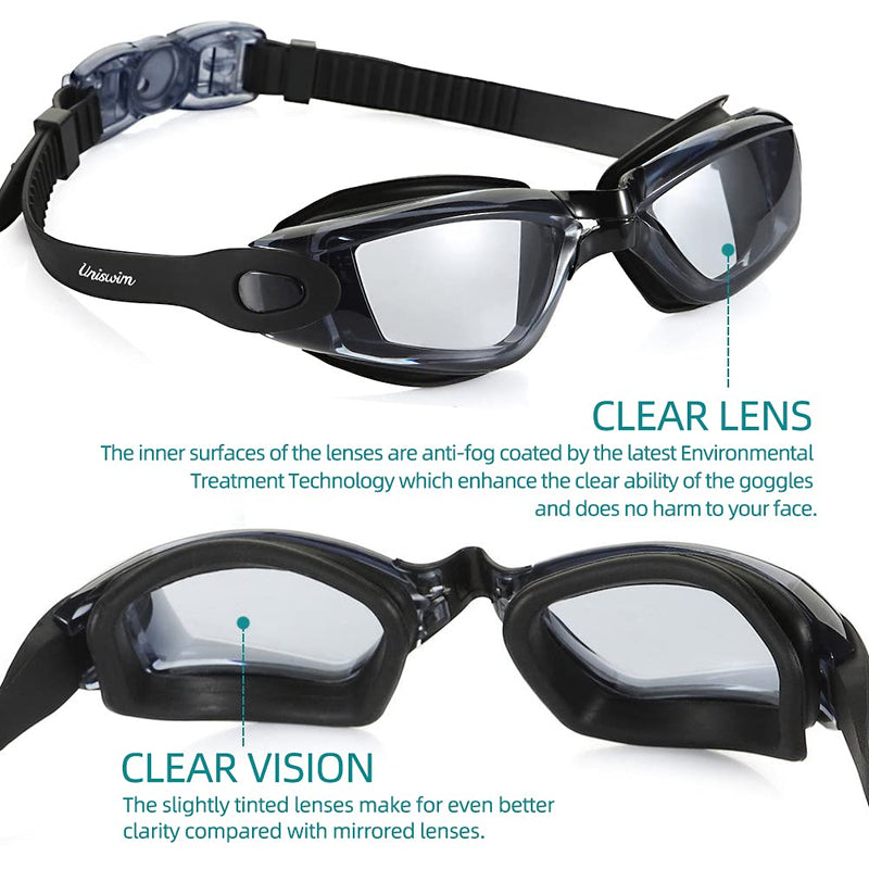 [Australia - AusPower] - Uniswim Swimming Goggles Swimming Cap Set Swim Glasses Silicone Swim hat Pack for Adults with Anti Fog Glasses for Swimming Black 