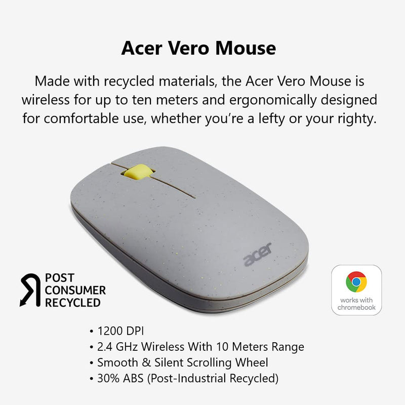 [Australia - AusPower] - Acer Vero 3 Button Mouse | 2.4GHz Wireless | 1200DPI | Made with Post-Consumer Recycled (PCR) Material | Certified Works with Chromebook | Gray 