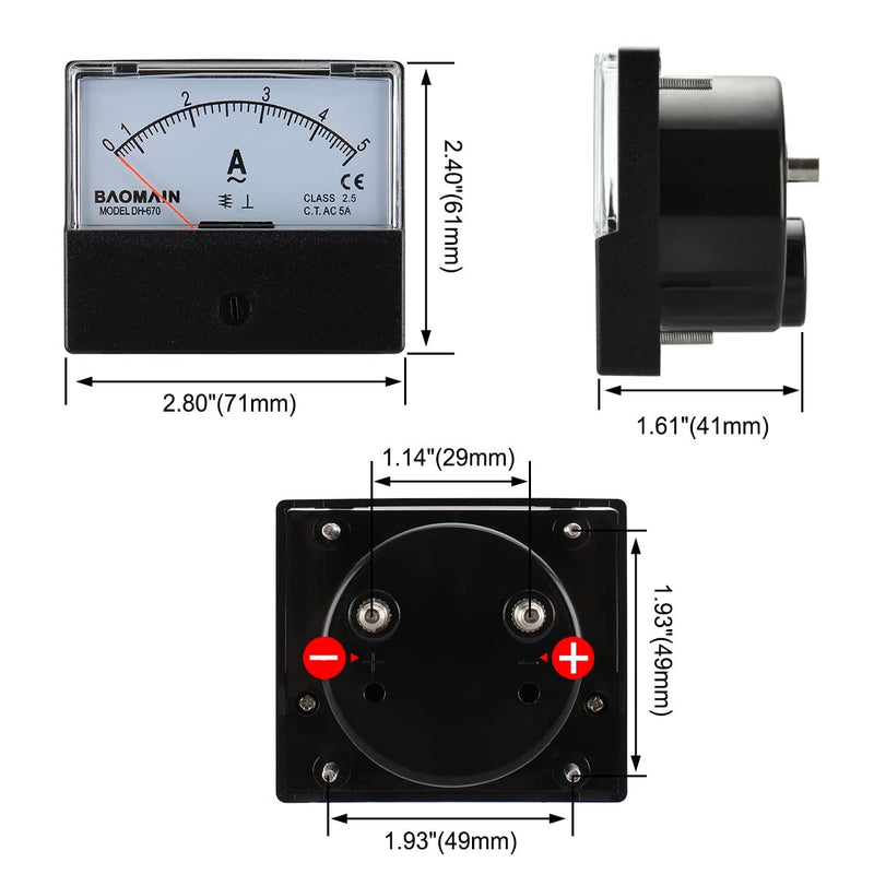 [Australia - AusPower] - Baomain Ammeter DH-670 AC 0-5A Rectangular Ampere Needle Panel Meter Gauge Amperemeter 