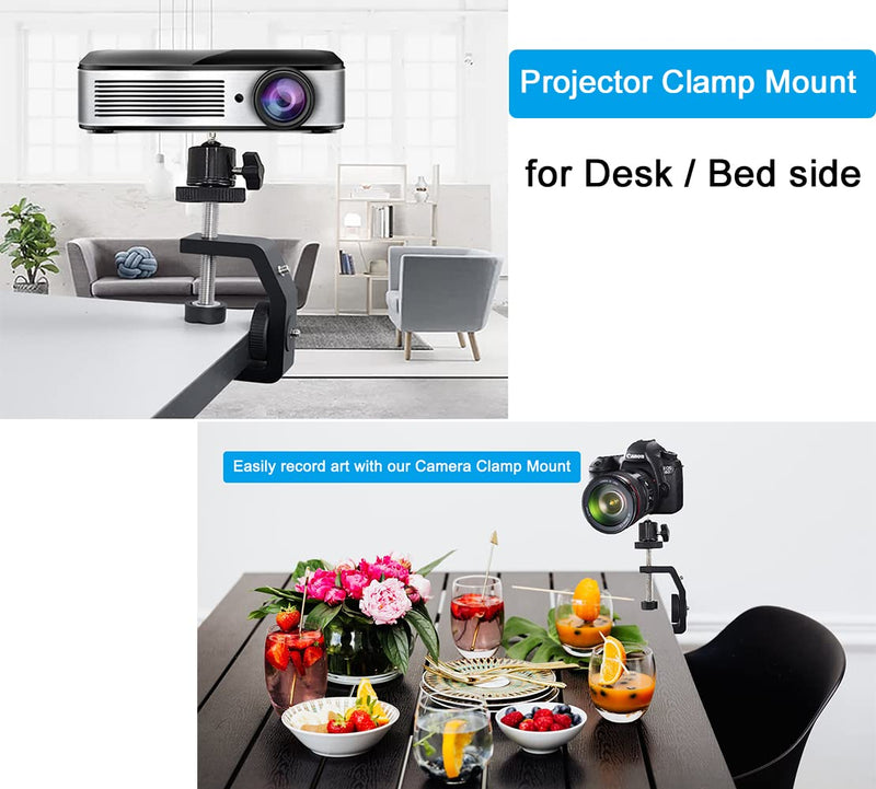 [Australia - AusPower] - Projector Camera Clamp Mount Projector Desk Bedside Mount Adjustable Mini Projector Mount Clamp 360° Rotating 1/4 Screw C Clamp Mount with Ball Head Compatible with DSLR Canon Nikon Projector Black Max Clamp: 60 mm 