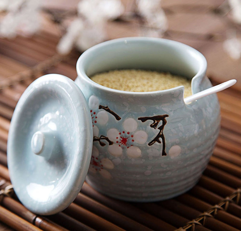 [Australia - AusPower] - Ceramics Japanese Flower Sugar Bowl Seasoning Pot Salt Pepper Storage Jar with Lid And Spoon Blue 