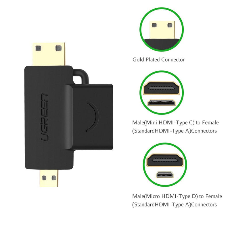 [Australia - AusPower] - UGREEN 2Pack 2 in 1 Mini HDMI and Micro HDMI Male to HDMI Female Adapter Supports 1080P Compatible with GoPro Hero 7 Black Hero 5 4 6, Nexus 10 Tablet, Camera, Camcorder, DSLR, Video Card ect 