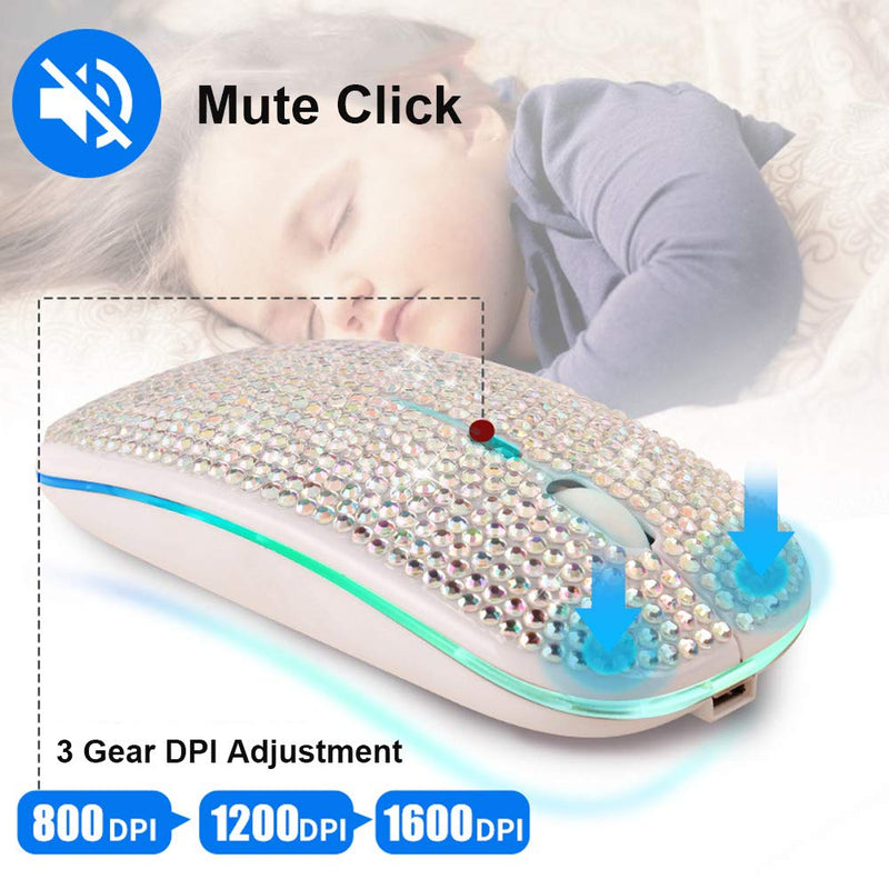[Australia - AusPower] - Attoe Bluetooth Mouse,Bling Dazzling 2.4GHz Rechargeable Wireless Mouse Slim Mouse with USB Receiver,Compatible with Notebook,PC,Laptop,Computer,MacBook,Great Gift idea for Her (White) White 