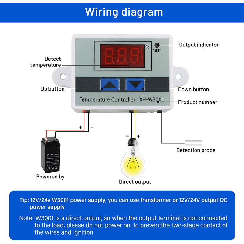 [Australia - AusPower] - XINGYHENG XH-W3001 DC 12V 10A Microcomputer Digital Temperature Controller Digital Display Thermostat Control Switch and NTC 10K Thermistor Sensors Digital Temperature Probe (12V 120W) 