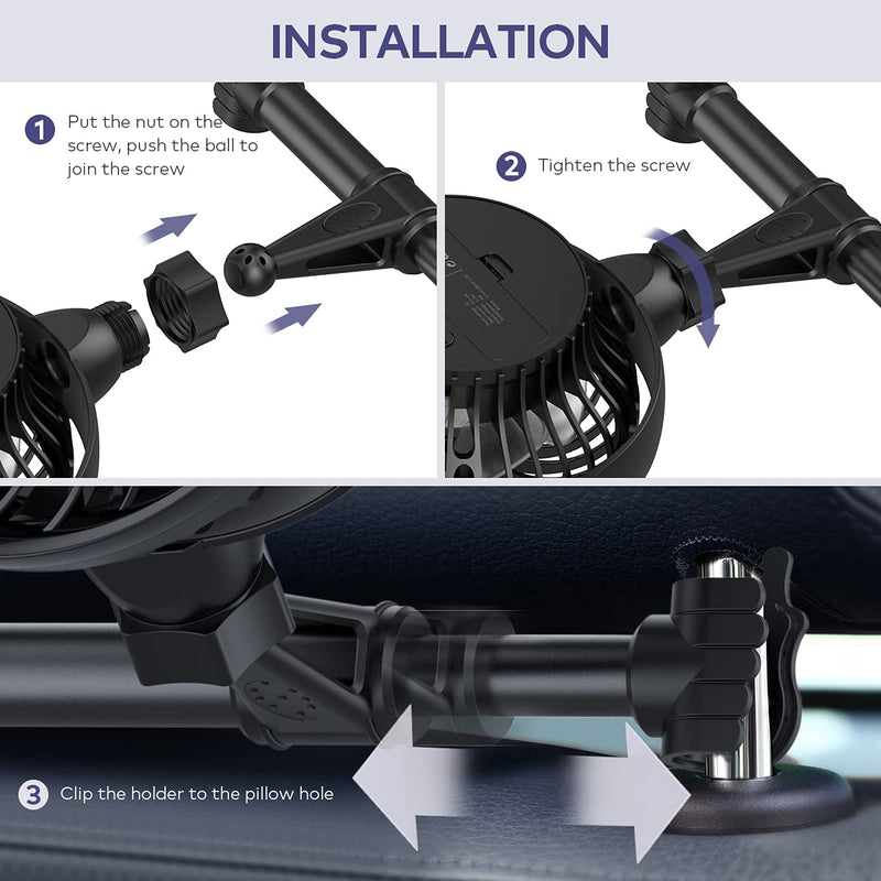 [Australia - AusPower] - Retractable Portable Car Fans with 4 Speeds for Headrest and Rear Seat, Small Cooling Vehicle Air Fan, Quiet Operation, Rechargeable, Battery Operated,360 Degree Rotatable USB Fan for Baby, Puppy, SUV Black-Retractable 