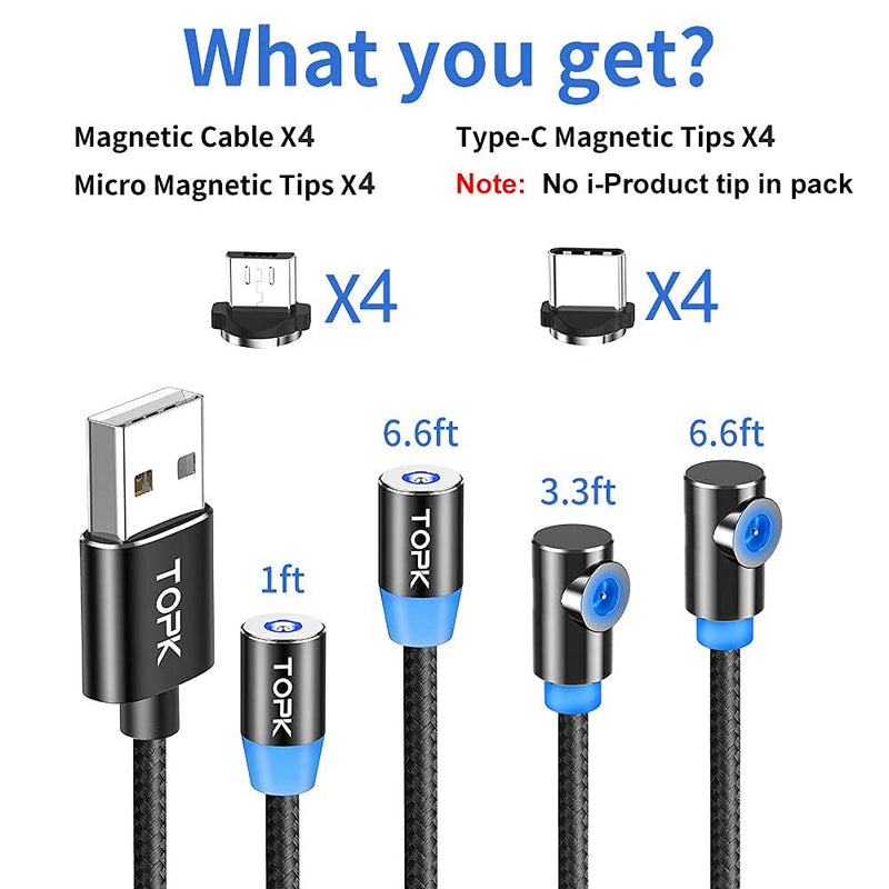 [Australia - AusPower] - TOPK USB Magnetic Cable,(4-Pack,1ft/3ft/6ft/6ft) 2 in 1 Magnetic Charging Cable, USB-A to Micro USB,USB C Cable Nylon Braided Magnetic Charger with Led Light Android 