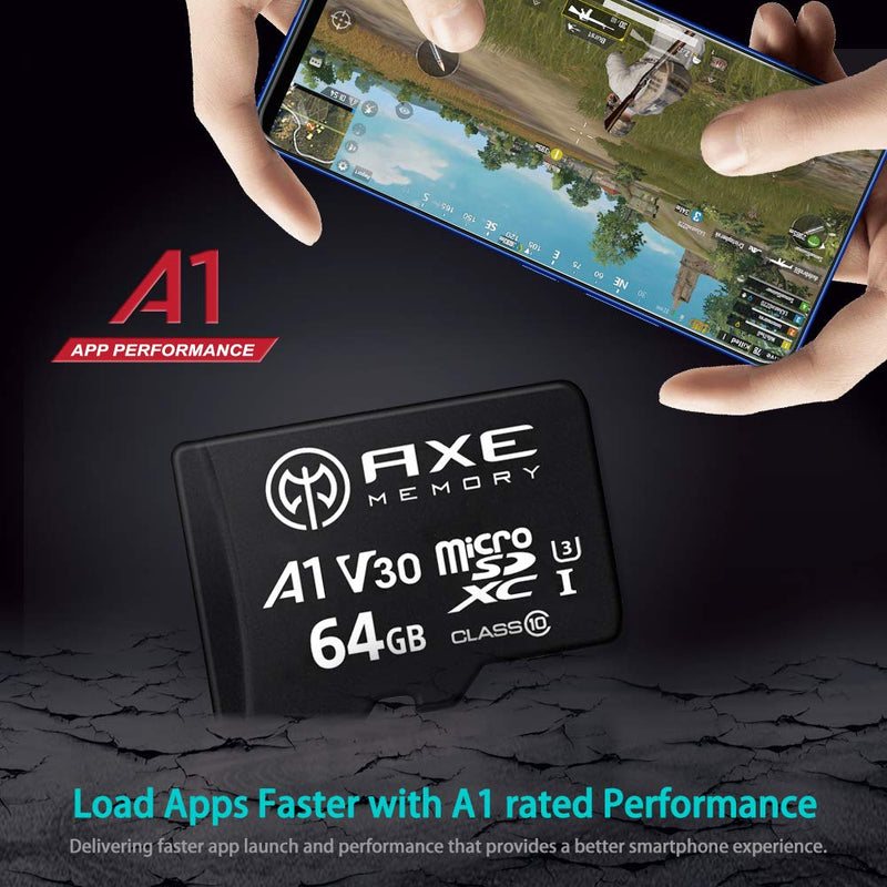 [Australia - AusPower] - AXE MEMORY 64GB microSDXC Memory Card + SD Adapter with A1 App Performance, V30 UHS-I U3 4K Black - A1 High Speed 64 GB 