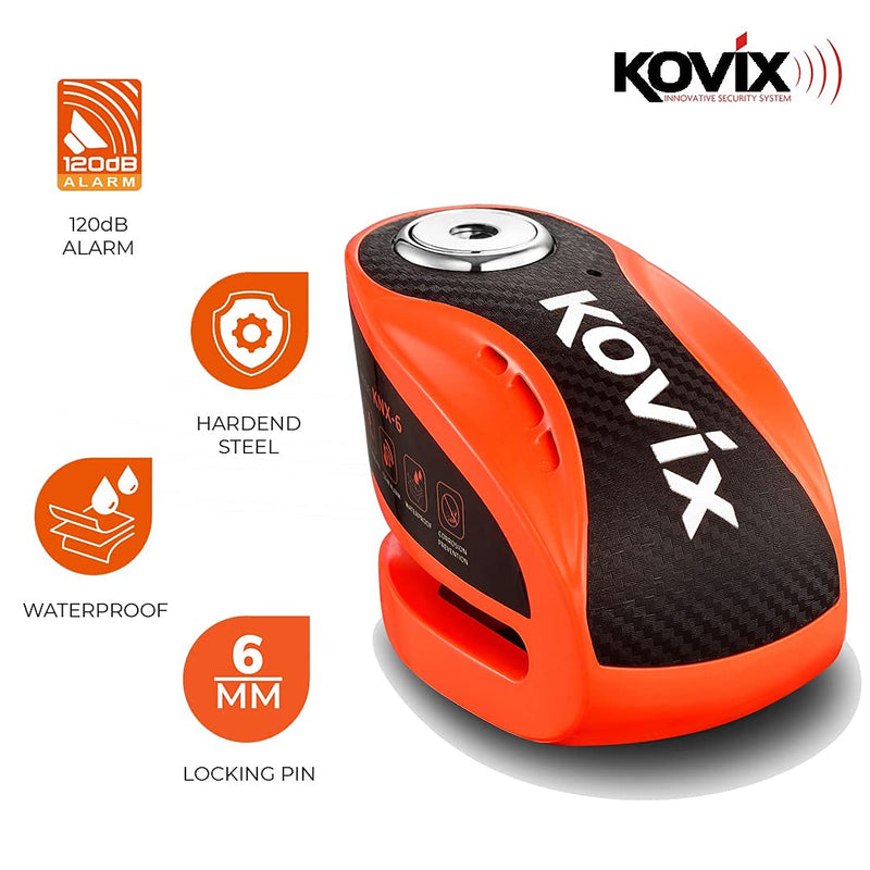 [Australia - AusPower] - Kovix KNX6 Steel 120dB Siren Disc Brake Lock 6mm Lock Pin IP67 Waterproof Motorcycle Security Fluorescent Orange 