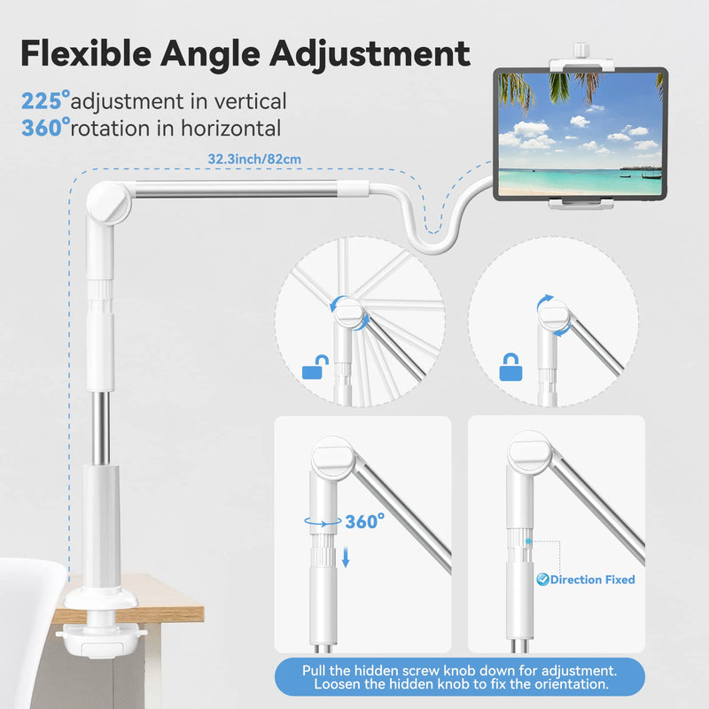 [Australia - AusPower] - Gooseneck Tablet Holder for Bed, 360 Adjustable iPad Stand for Desk Flexible Arm Clip Phone Mount for Video Recording, Bedside & Headboard Clamp for iPad Pro 12.9, Air, Mini, Nexus, Kindle (4.7-12.9") White 
