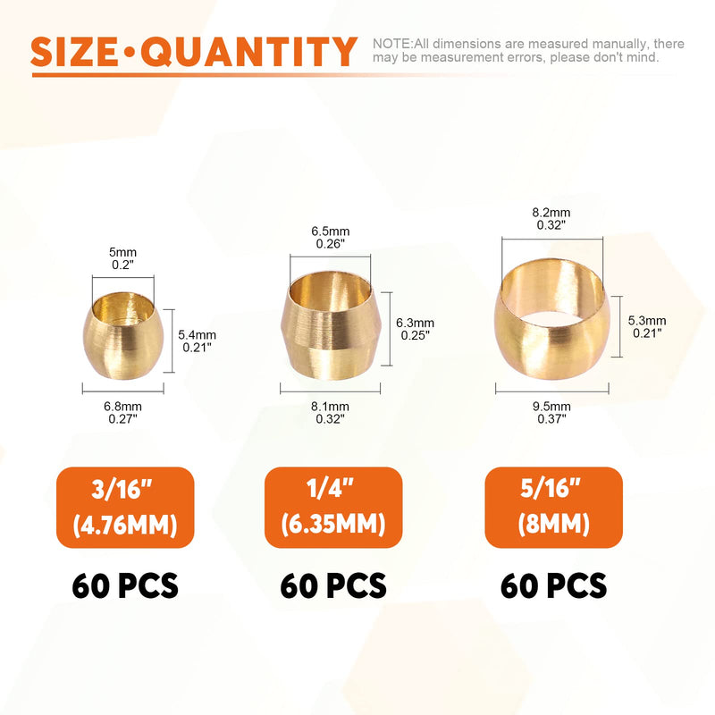 [Australia - AusPower] - Rustark 180Pcs 3/16" 1/4" 5/16" Brass Compression Fitting Sleeves Ferrules Assortment Kit Tube Hose Ferrule Compression Fitting Set Small Sizes: 3/16" 1/4" 5/16" OD 