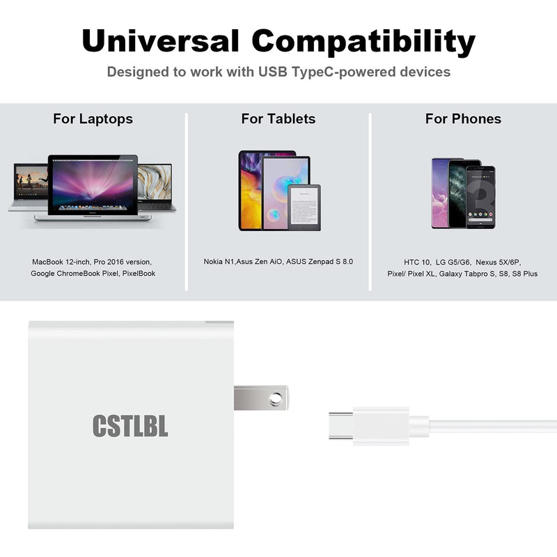 [Australia - AusPower] - CSTLBL Wall Charger with USB and C Ports 63W Fast Charge for iPhone iPad and Tablet 2 in 1 Smart Adapter Plug with 1M C to C Cable White 