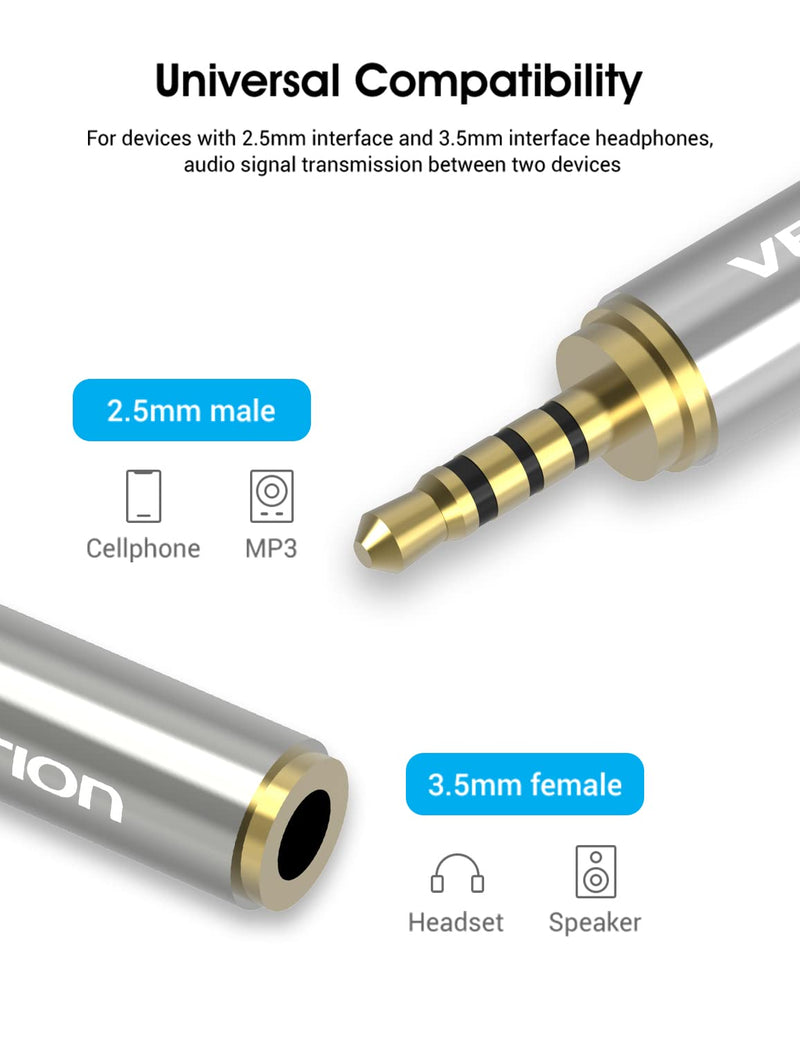 [Australia - AusPower] - Vention 3.5mm Female to 2.5mm Male Audio Adapter Converter Premium Quality Headphone Earphone Headset 2.5mm to 3.5mm 3 Ring Jack Stereo or Mono 2 Pack 