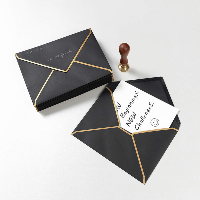 [Australia - AusPower] - 50 Pack A7 Envelopes 5 x 7 Card Envelopes Self-Adhesive V Flap Envelopes with Gold Border for Office, Wedding Gift Cards, Invitations, Graduation, Baby Shower, Parties (Black) Black 