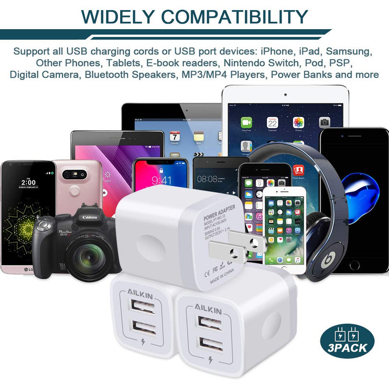 [Australia - AusPower] - Wall Charger, 3Pack 5V/2.1A AILKIN 2-Port USB Wall Charger Home Travel Plug Power AC Adapter Fast Charging Block Cube for iPhone 13 12 SE 11Pro Max XS XR 8 7 Plus, Samsung Galaxy, Google Pixel, LG Box White 