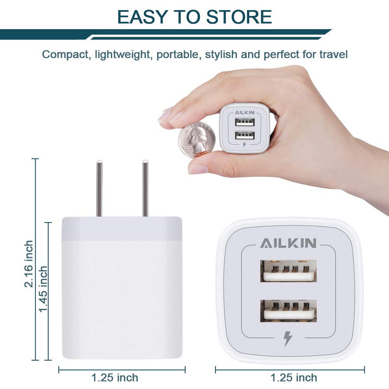 [Australia - AusPower] - USB Wall Charger, Charger Adapter, AILKIN 2-Pack 2.1Amp Dual Port Quick Charger Plug Cube for iPhone 13 12 11 Pro Max 10 SE X XS XR 8 Plus 7, Samsung Galaxy S21 S20 Power Block Fast Charging Box Brick White 