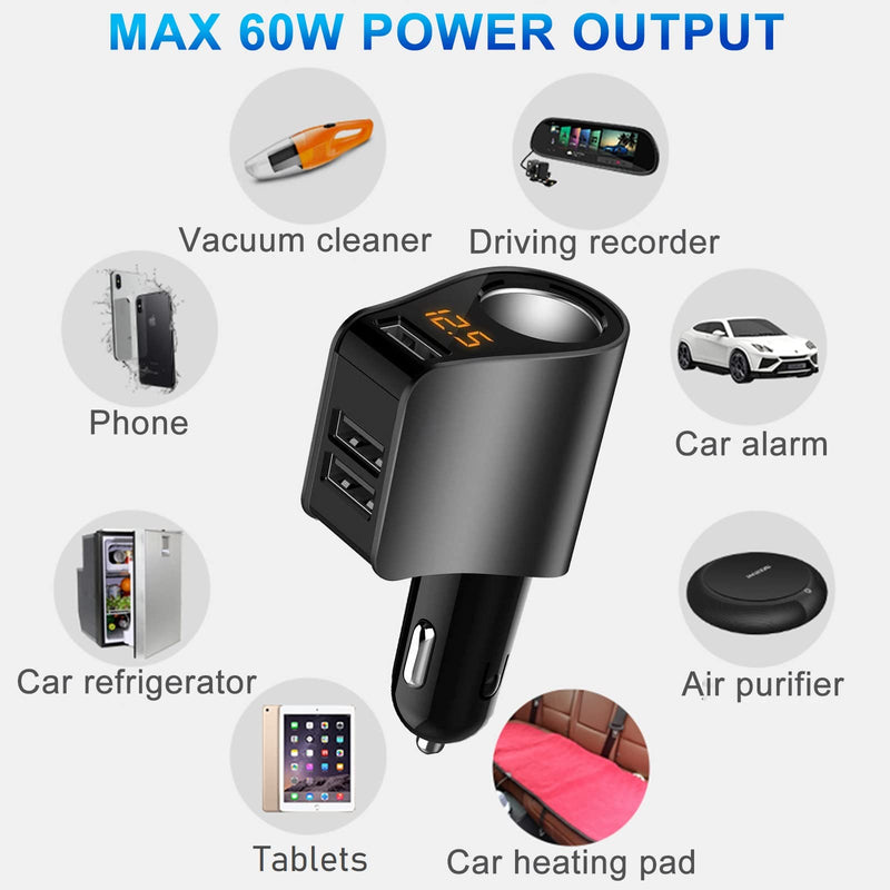 [Australia - AusPower] - Car Charger,Multi USB Cigarette Lighter Adapter,Socket Splitter with 3 USB and Voltage Meter,Compatible with iPhone,iPad,Apple Watch,Airpods,Samsung,LG,HTC,GPS,Android Phone (Black) Black 
