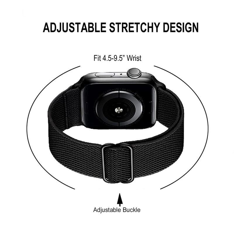 [Australia - AusPower] - 2 Pack Stretchy Adjustable Watch Bands Compitible with Apple Watch Band, Premium Nylon Replacement straps for iWatch Series 7/6/5/4/3/2/1/SE Men & Women 38/40/41/42/44/45mm Black+Gray 38mm/40mm/41mm 