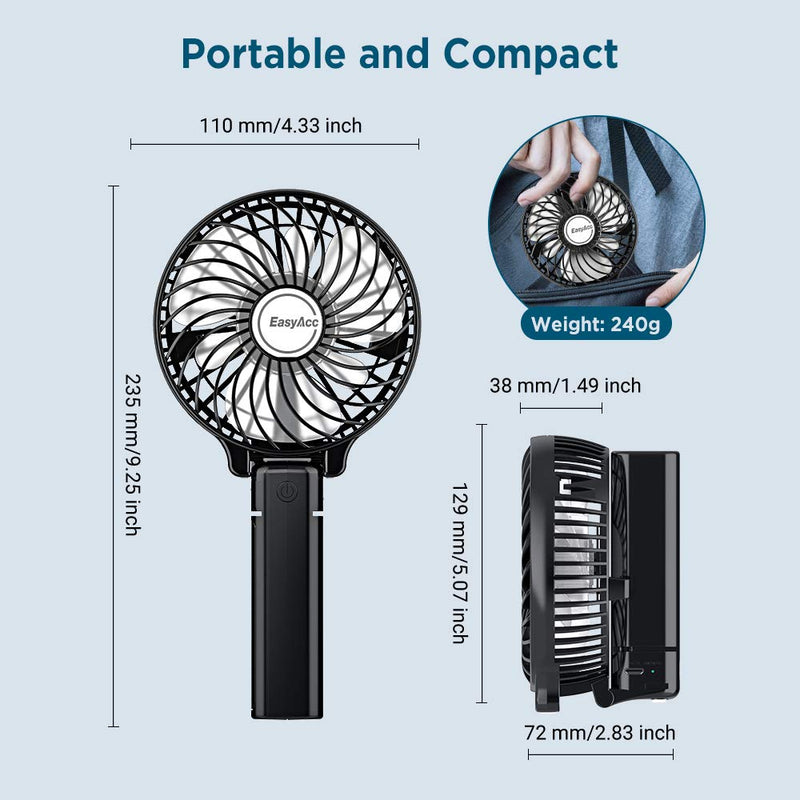[Australia - AusPower] - Mini Handheld Fan, EasyAcc USB Desk Fan Small Personal Portable Hand Fan Table Fan with Rechargeable Battery Operated Cooling Folding Electric Fan 3-10H Working Hours for Travel Office Outdoor- Black 3-10 Working Hours 