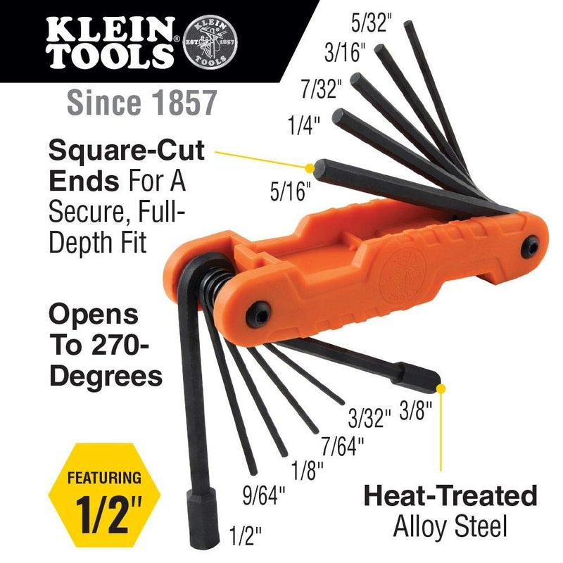 [Australia - AusPower] - Klein Tools 70550 Hex Key Set, 11 SAE Sizes, Heavy Duty Folding Allen Wrench Tool with Extra Long Hex Keys 