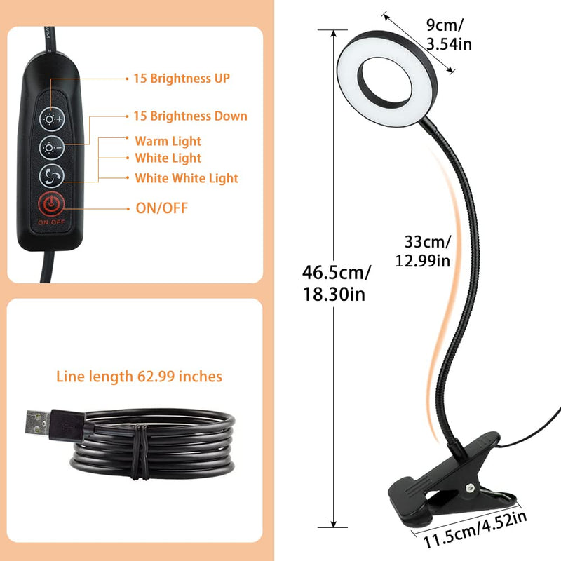 [Australia - AusPower] - DLLT Dimmable Clip on Light, 48 LED USB Book Reading Light, Color Changeable Night Light Clip on for Desk, Bed Headboard, Makeup Mirror, Dorm Room, Computer, Piano Lighting, 15 Brightness (Black) Black 