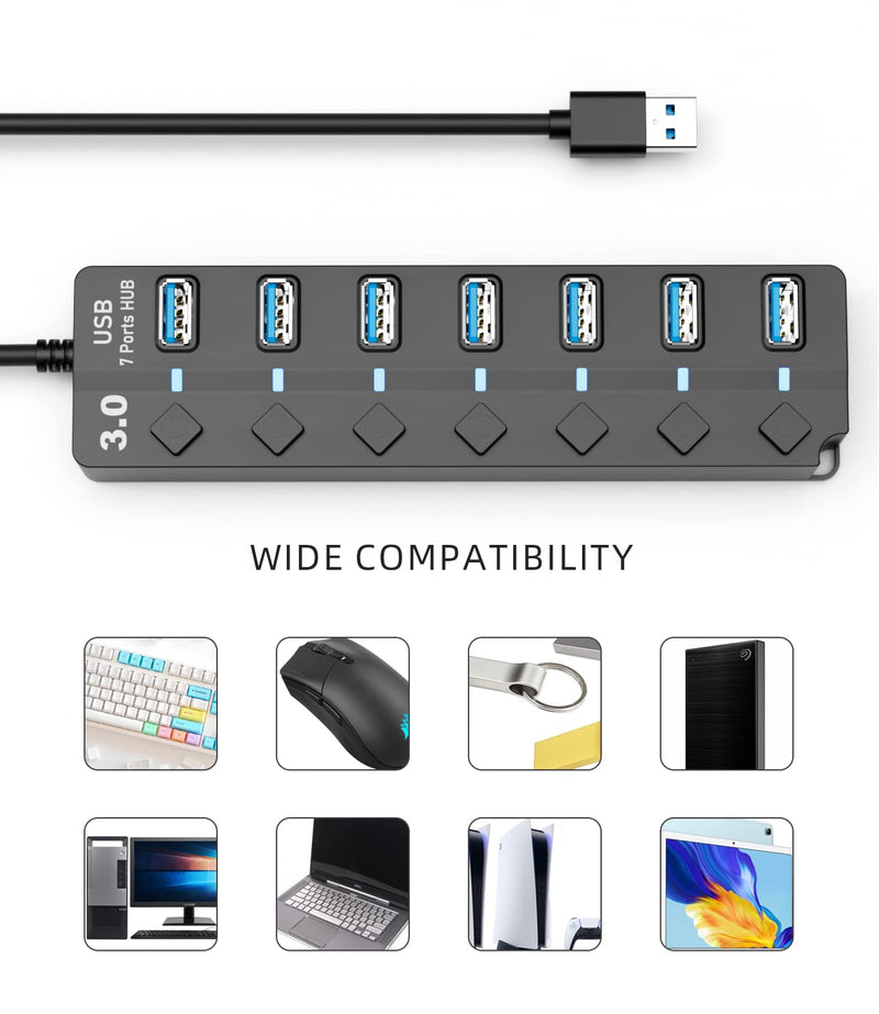 [Australia - AusPower] - USB 3.0 Hub, PANPEO 7-Port USB Data Hub Splitter with 3ft Long Cable USB Extension for Laptop,PC Computer,Surface Pro, PS4/5, Flash Drive, Mobile HDD - with LED Individual On/Off 