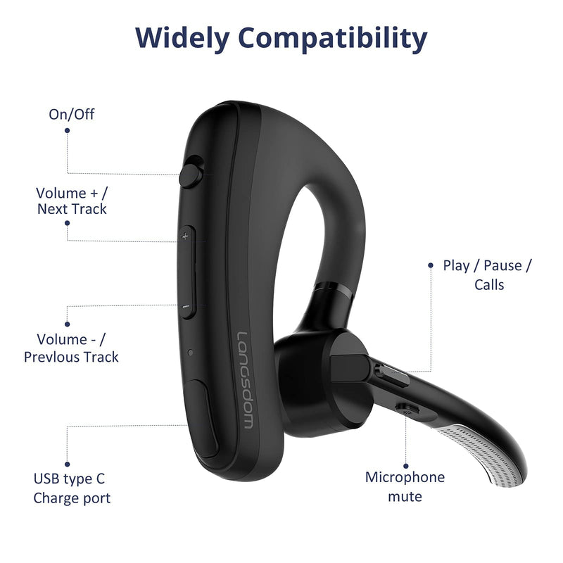 [Australia - AusPower] - Bluetooth Headset with CVC8.0 Dual Mic Noise Cancelling, Langsdom Wireless Bluetooth Earpiece 960 Hours of Standby Time with Mute Key, Suitable for Business, Executives and Trucker 
