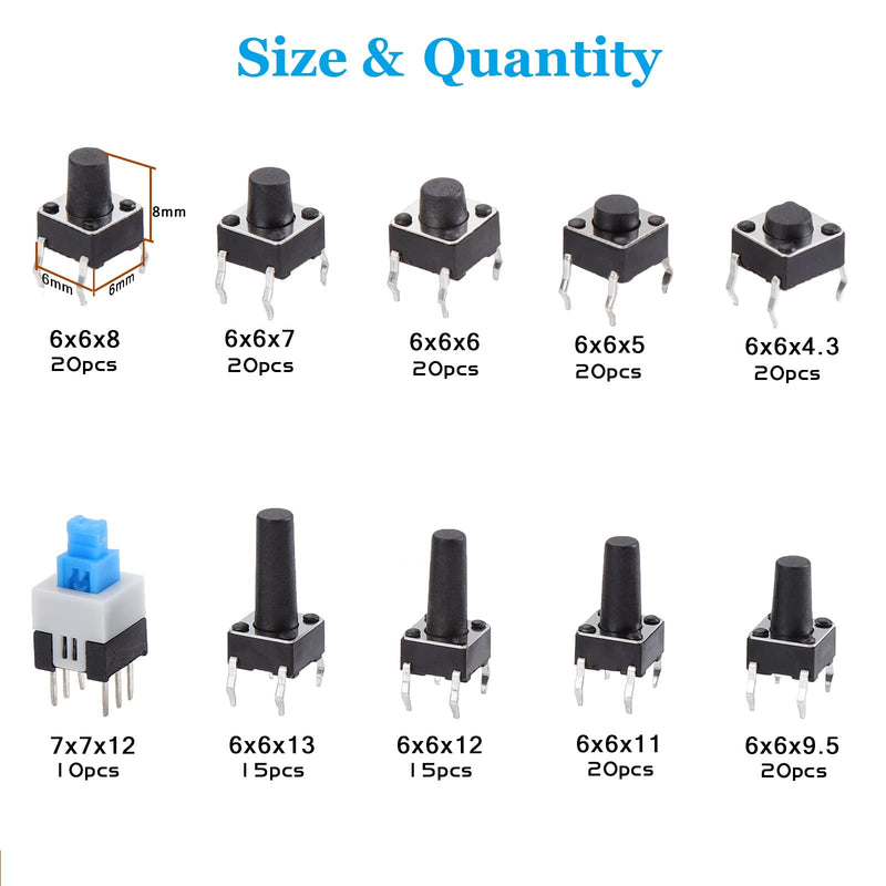 [Australia - AusPower] - OCR 180Pcs Tactile Push Button Switch 10 Values 6x6mm Micro Momentary Tact Button Switches Assortment Kit 6x6 Push Button Switch 180pcs 