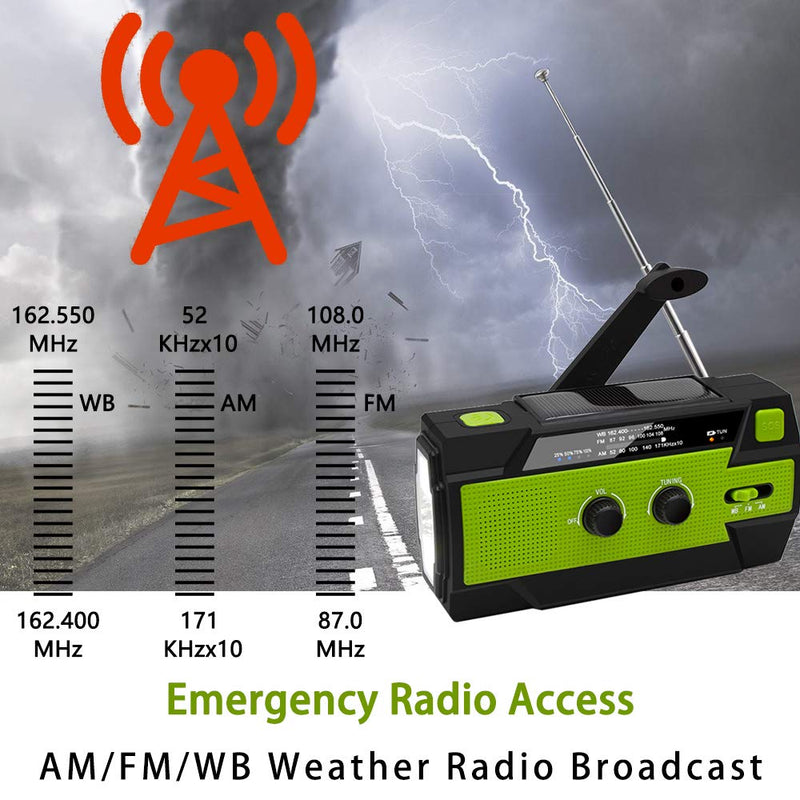 [Australia - AusPower] - 【2022 Newest】 Emergency Solar Hand Crank Portable Weather Radio, with AM FM NOAA, 3 LED Flashlights, Motion Sensor, Reading Lamp, SOS Alarm, 4000mAH Rechargeable Battery USB Charger (Green) Green 
