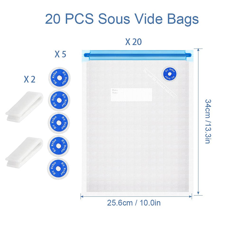 [Australia - AusPower] - vacuum sealer bags for food，20 Vacuum Sealer Reusable BPA Free Food Bags (13.5x10 in) Vacuum Zipper Bags 2 Seal Clips 5 Replaceable Air Valves Anova Food Storage Food Vacuum Bags for Joule Cookers 