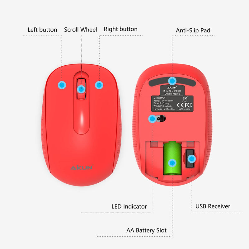 [Australia - AusPower] - AIKUN Wireless Mouse, 2.4G Noiseless Mouse with USB Receiver - Portable Computer Mice for PC, Tablet and Laptop (AIKUN MX36-Red) 